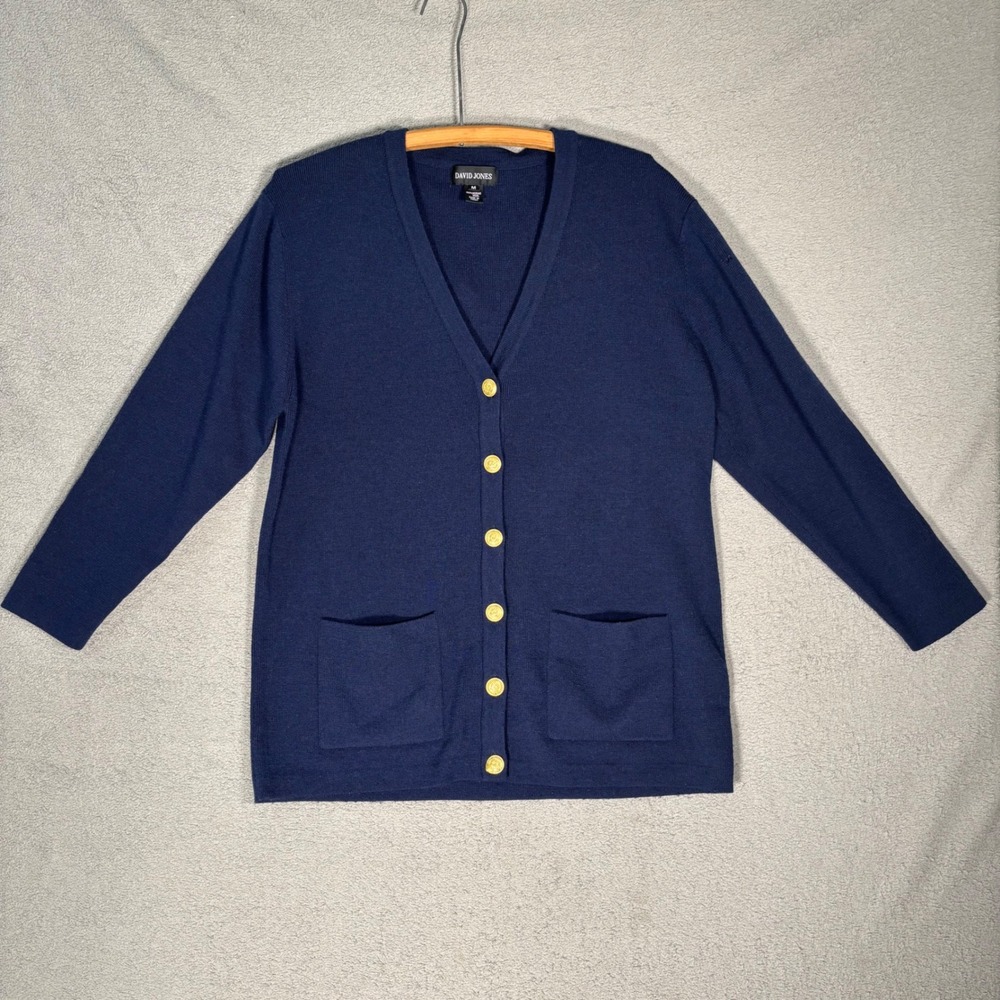David Jones V Neck‎ Cardigan Mens M Navy Blue Merino Wool Sweater Gold Buttons